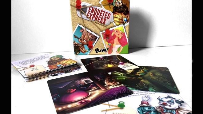 Packshot du jeu Enquêtes Express avec présentation de la boite et des cartes à jouer